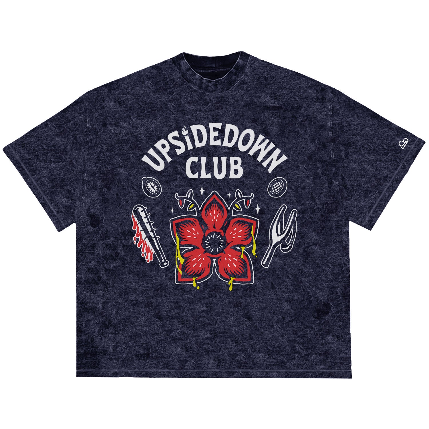 Camiseta Oversized Stranger Things Upside Down Club Azul Estonado