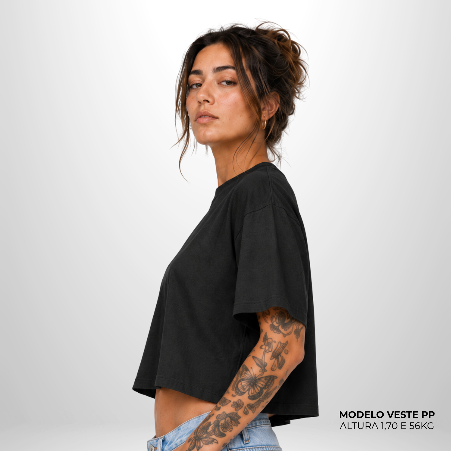 Cropped Oversized Liso Algodão Encorpado Preto