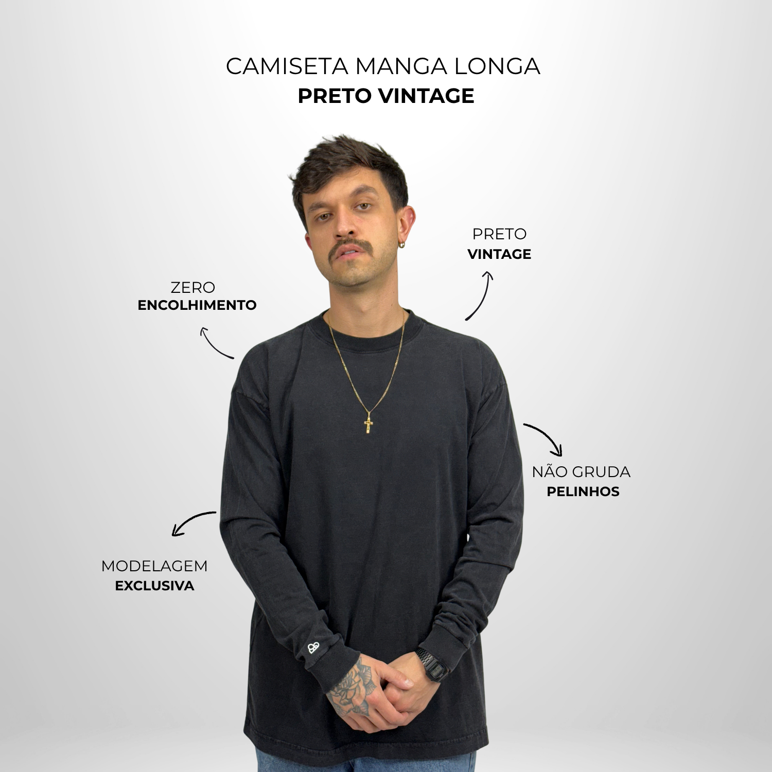 Camiseta Manga Longa Oversized Preto Vintage