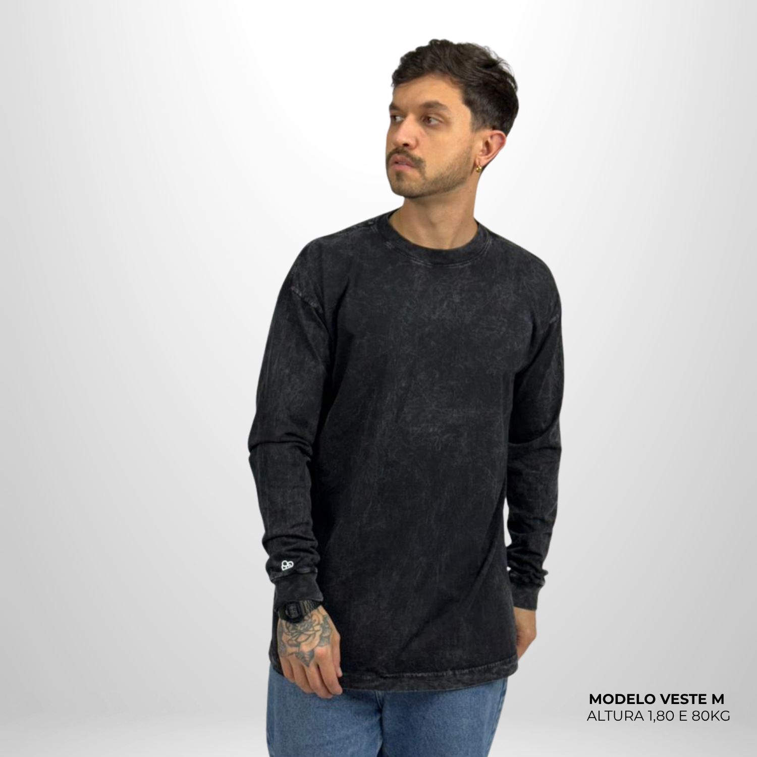 Camiseta Manga Longa Oversized Preto Estonado