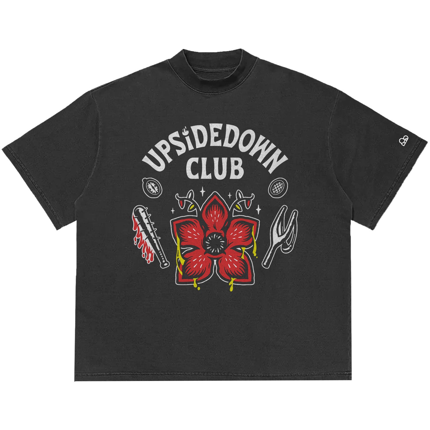 Camiseta Oversized Stranger Things Upside Down Club Cinza Envelhecido