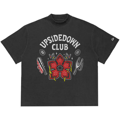 Camiseta Oversized Stranger Things Upside Down Club Cinza Envelhecido