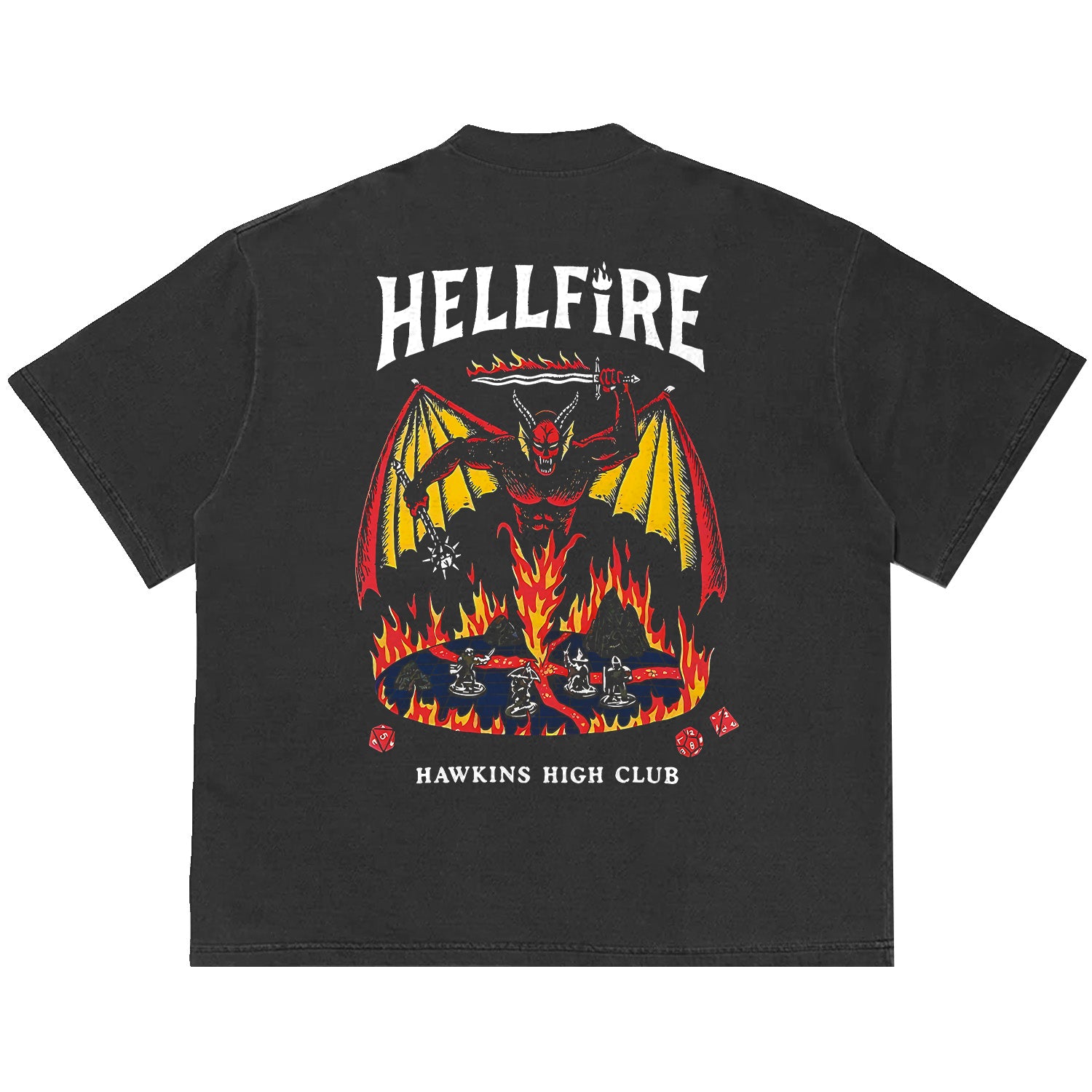 Camiseta Oversized Stranger Things Hellfire Club Cinza Envelhecido