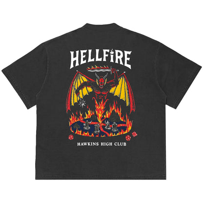 Camiseta Oversized Stranger Things Hellfire Club Cinza Envelhecido