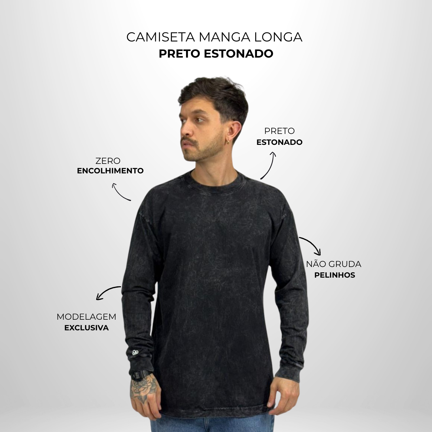 Camiseta Manga Longa Oversized Preto Estonado