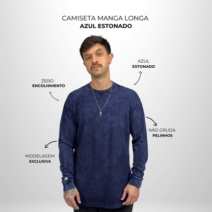Camiseta Manga Longa Oversized Azul Estonado