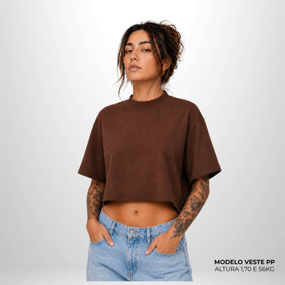 Cropped Oversized Liso Algodão Encorpado Marrom