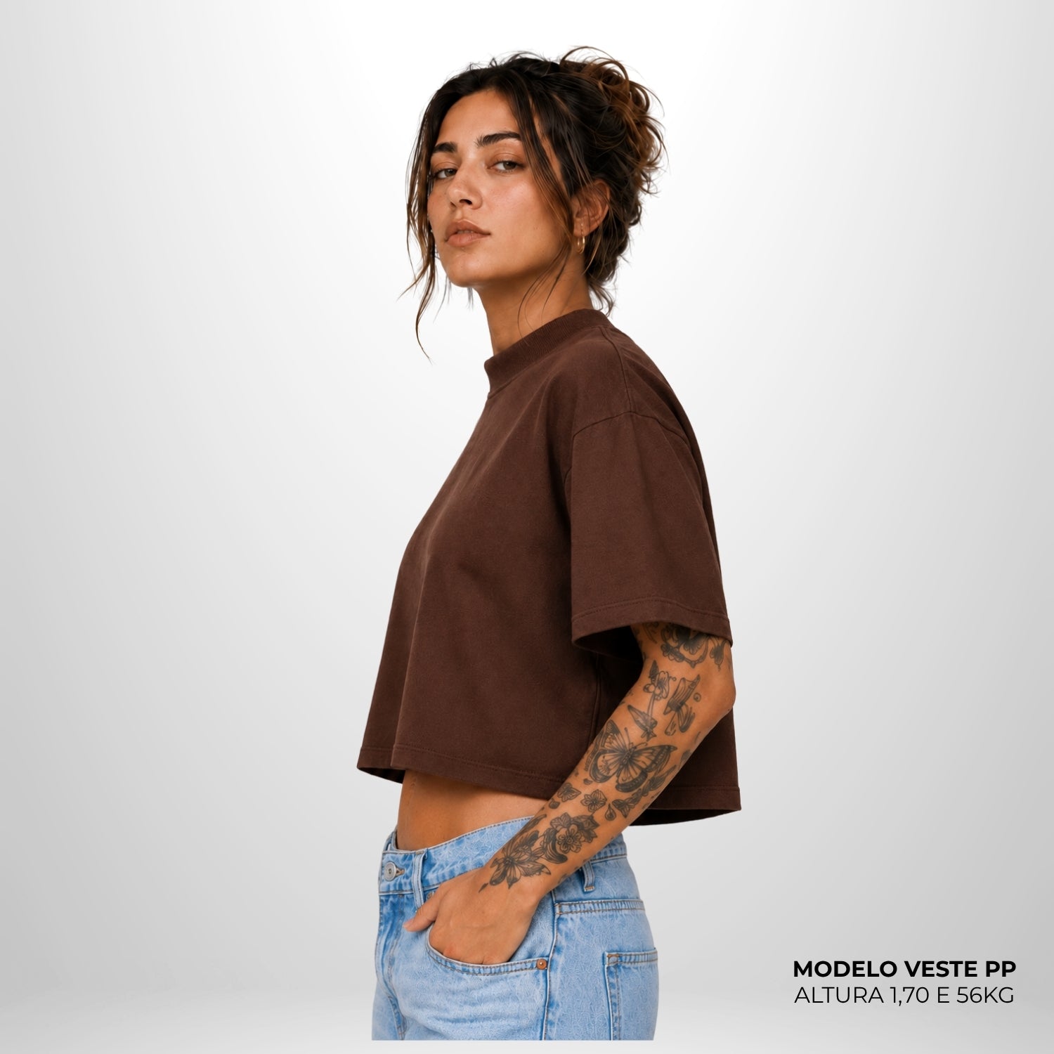 Cropped Oversized Liso Algodão Encorpado Marrom