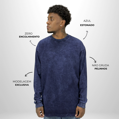 Camiseta Manga Longa Oversized Azul Estonado