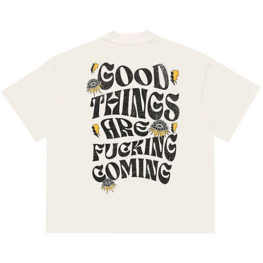 Camiseta Oversized Good Things Are Fucking Coming Off White