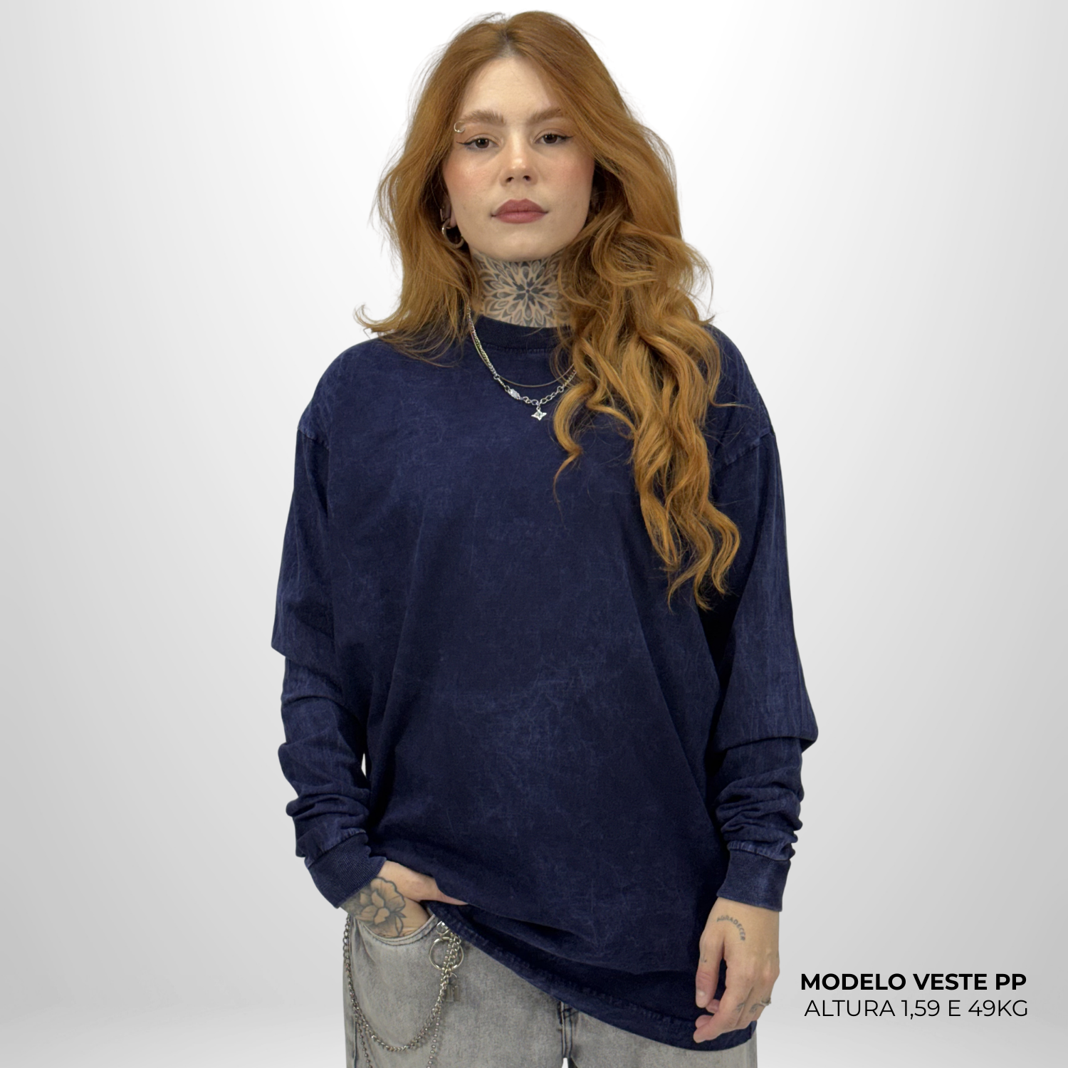 Camiseta Manga Longa Oversized Azul Estonado