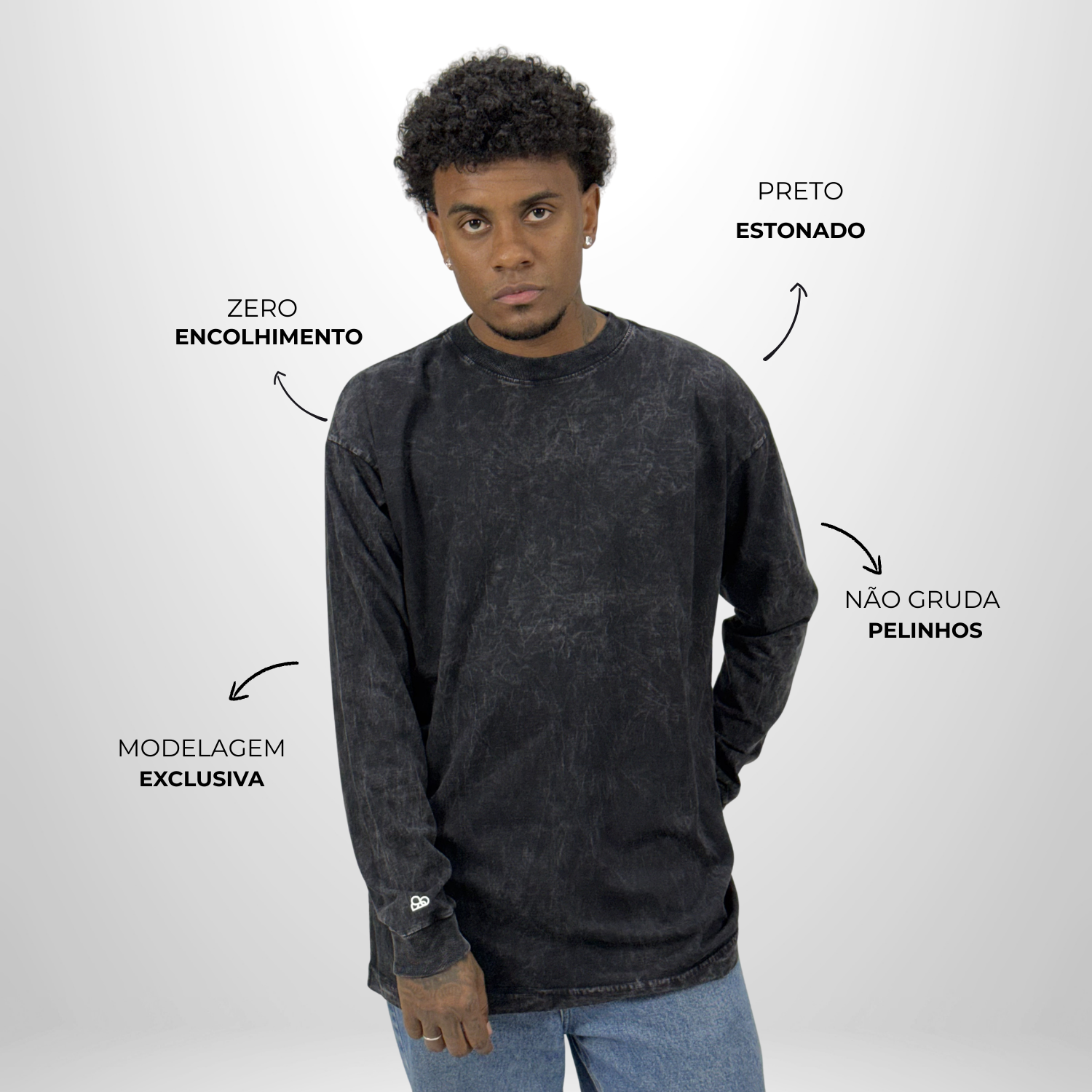 Camiseta Manga Longa Oversized Preto Estonado